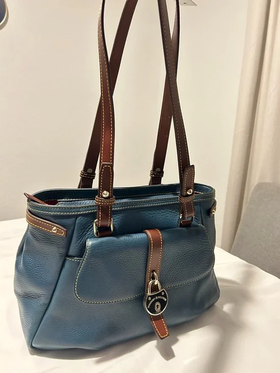 Dooney & Bourke Blue Leather Tote with Brown Trim and Gold Hardware - Picture 2 of 15